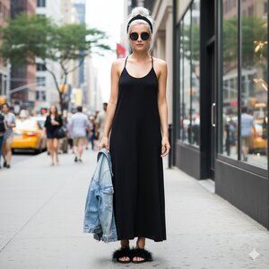 EUC Icone Simons black sleeveless flowy A-line maxi dress, XS or XL